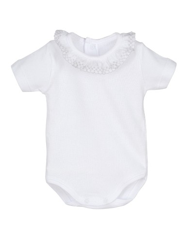 V Body manga corta cuello puntilla